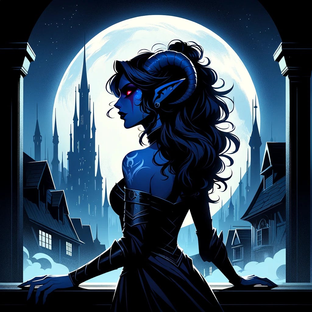 A silhouette of a Tiefling woman, Seraphina, with dark blue skin, midnight blue hair, and crimson eyes, standing on a balcony under the moonlight. She is dressed in dark attire, gazing out across a city skyline. Her features are mostly hidden yet visible, with blue horns and subtle facial designs characteristic of a Tiefling. The background shows an imposing castle with towers and ramparts, symbolizing her power and isolation. The skyline reflects the duality of her freedom and confinement. The image captures her confidence and strength, with an undertone of loneliness and complexity.