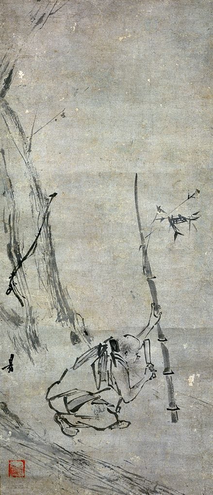image: ink painting of Chan Master Hui Neng cutting bamboo