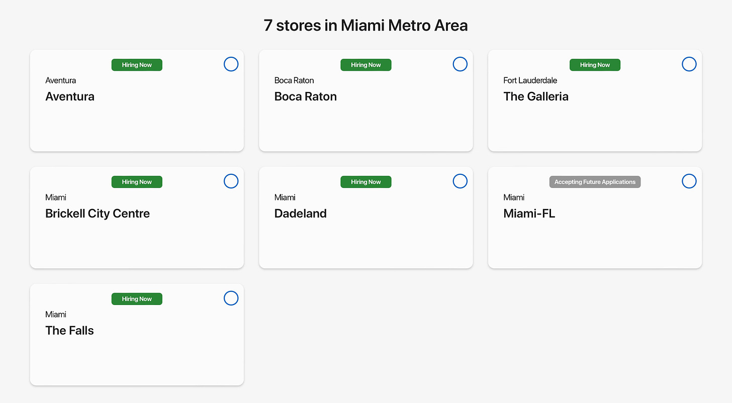 A screenshot of the Apple Jobs page. "Miami-FL" is R752.