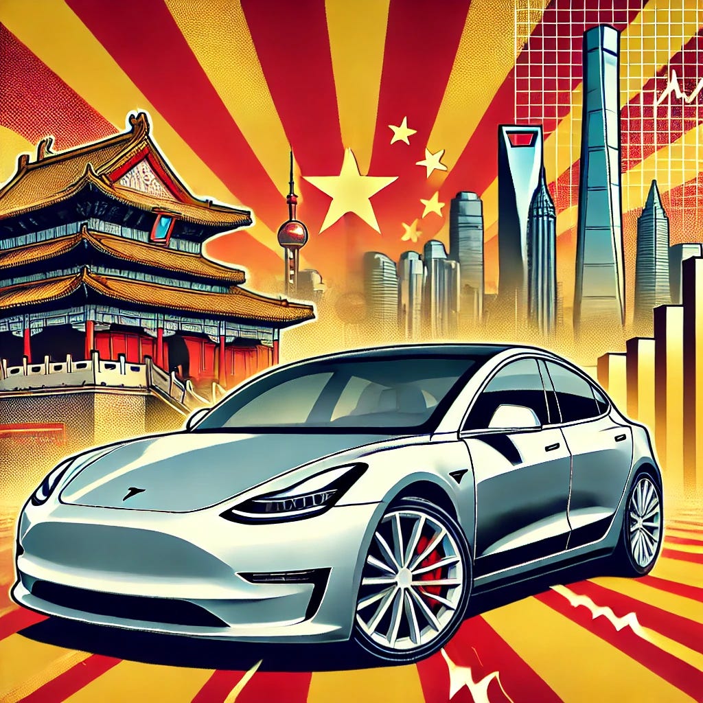 A bold, professional pop-art style illustration titled 'Tesla contraataca en China con un Model Y renovado... pero, ¿es suficiente?'. Featuring a sleek, modern Tesla Model Y in silver, positioned dynamically in front of a stylized Chinese skyline with the Great Wall and modern skyscrapers. The Tesla logo should be prominently displayed, with energy sparks and lightning bolts around the car for a futuristic feel. The background should include vibrant red and gold hues representing China, with stock market graphs subtly integrated. Clean, minimalistic, sharp design with high contrast and a professional look. Format: 16:9, 1920x1080 resolution.