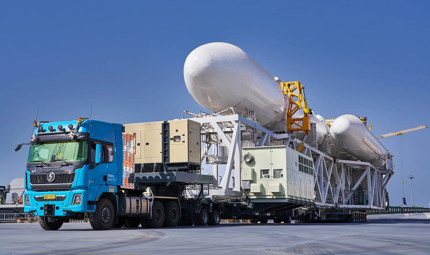 Kinetica-2’s mockup atop of its transporter-erector while being towed by a truck.