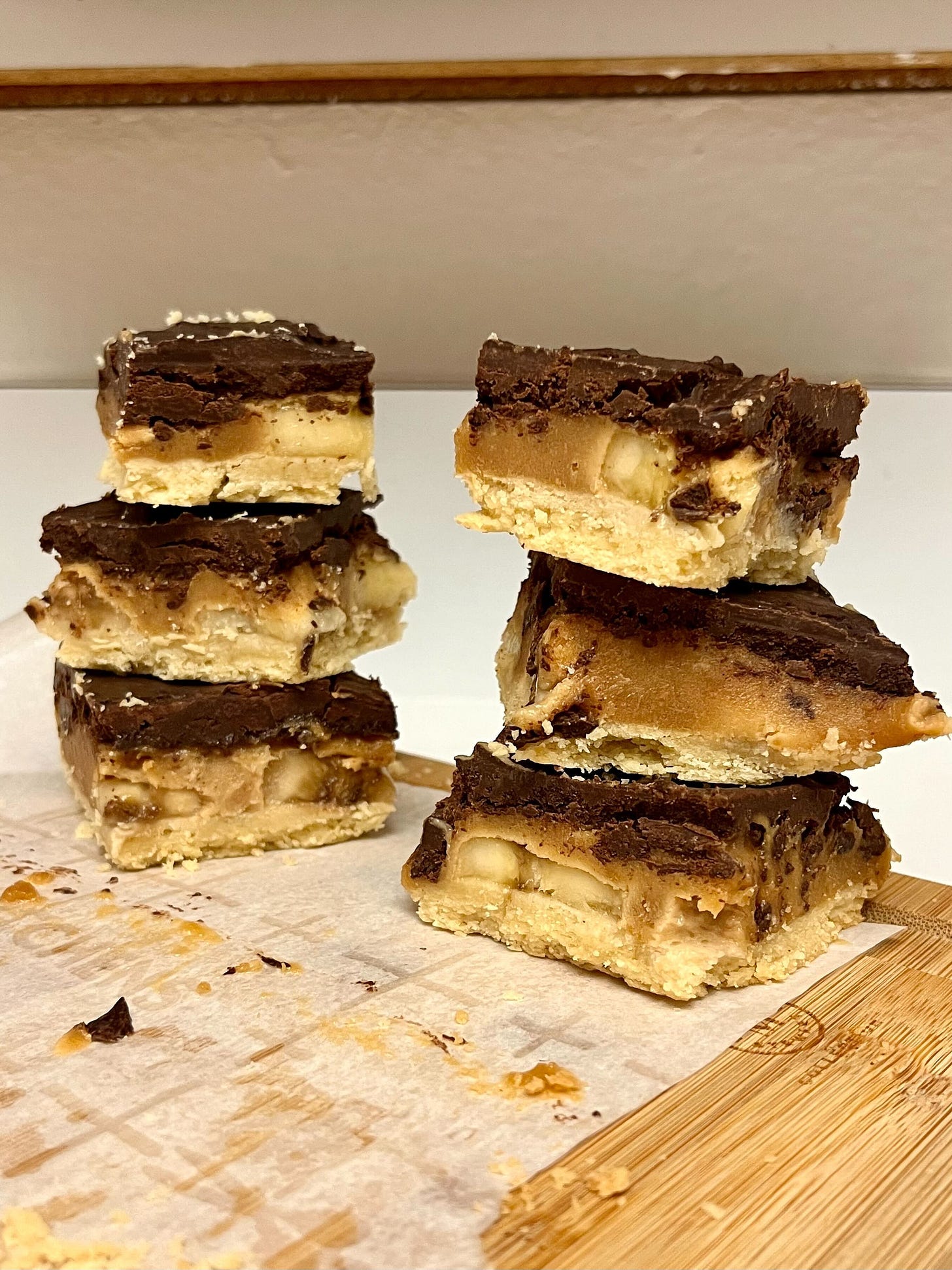 cookie bars with shortbread, caramel, and chocolate