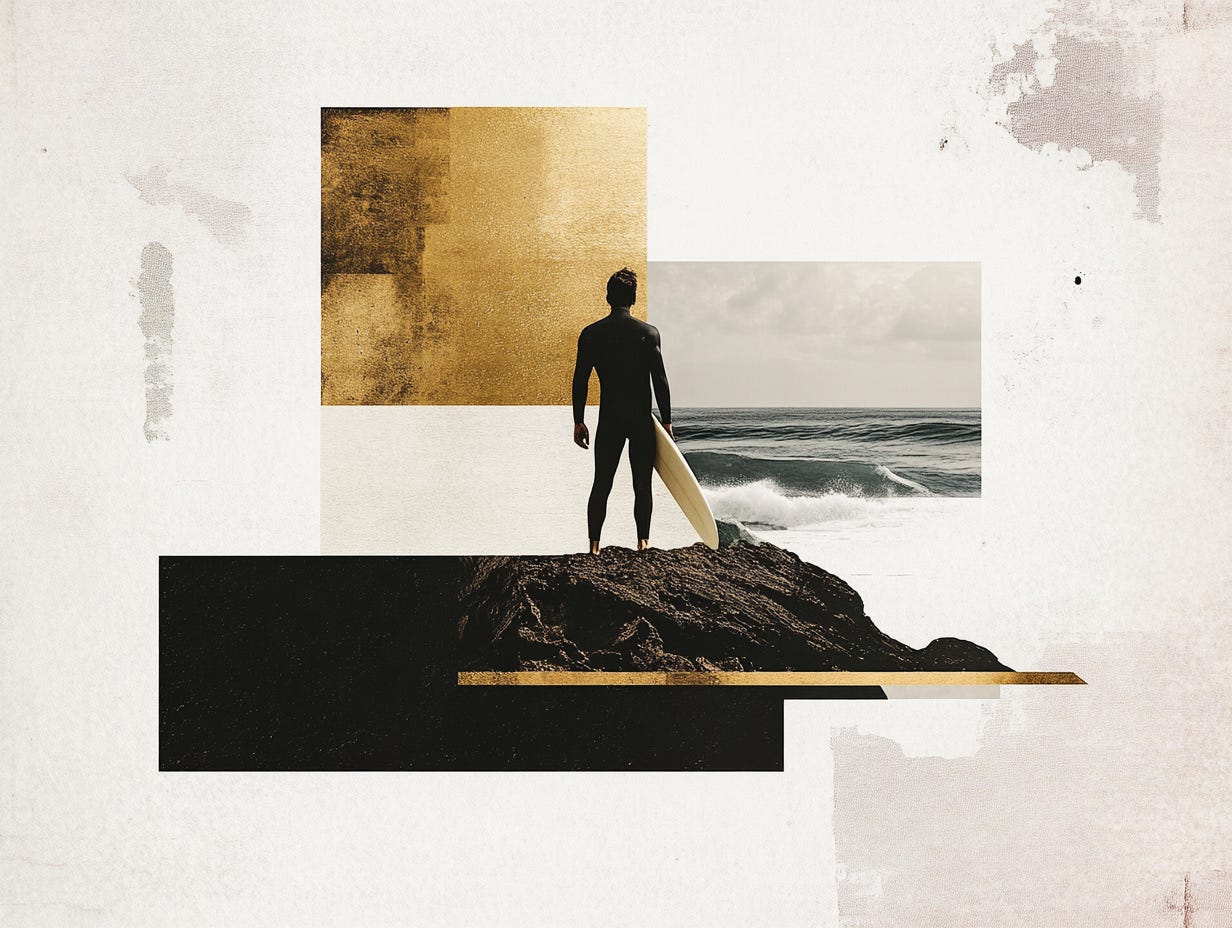 Surfer facing out towards the ocean. collage style artwork made with Midjourney. Surfer facing out towards the ocean. collage style artwork made with Midjourney.