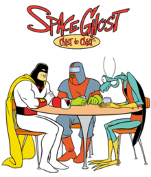 Space Ghost, Moltar, and Zorak sit around a coffee table