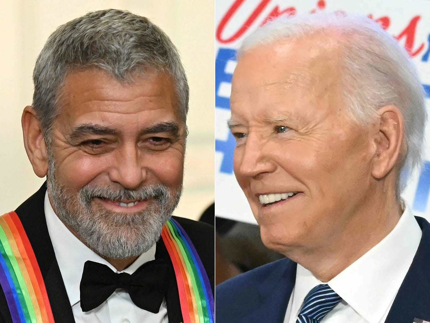 Esta combinación de imágenes de archivo creadas el 10 de julio de 2024 muestra al actor estadounidense George Clooney (izq.) en la Sala Este de la Casa Blanca en Washington, DC, el 4 de diciembre de 2022; y al presidente estadounidense Joe Biden reunido con miembros de un sindicato en Washington, DC, el 10 de julio de 2024. Biden sufrió un duro golpe el 10 de julio de 2024, cuando su partidario Clooney le instó a abandonar su candidatura a la reelección, mientras que Nancy Pelosi, peso pesado del partido, declinó respaldar su candidatura. "Me encanta Joe Biden", escribió en el New York Times Clooney, que el mes pasado organizó con Biden una recaudación de fondos repleta de estrellas. Pero la única batalla que no puede ganar es la lucha contra el tiempo".