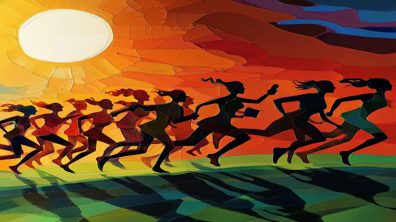 AI Generated Image depicting The Great Migration. abstract rendition of multi-ethnic, multi-ages, diverse group of happy men and women running towards the sun