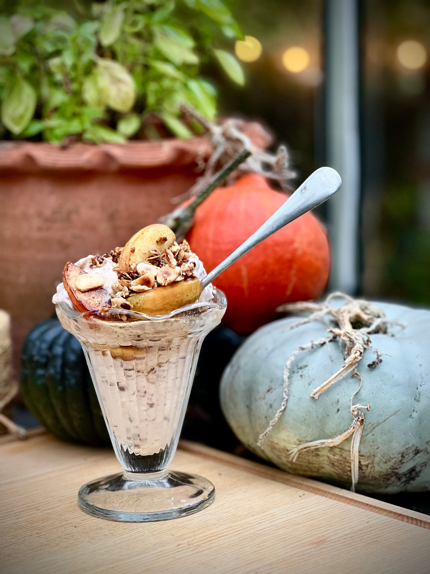 No churn chestnut choc chip ice-cream and buttered apple sundae on the potting bench