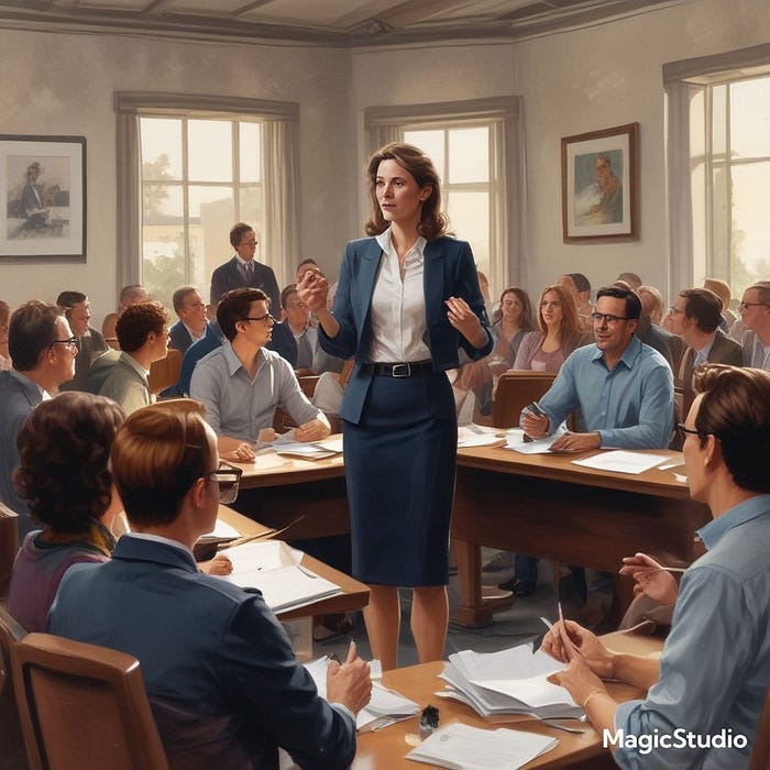 Woman speaking to people in a conference.