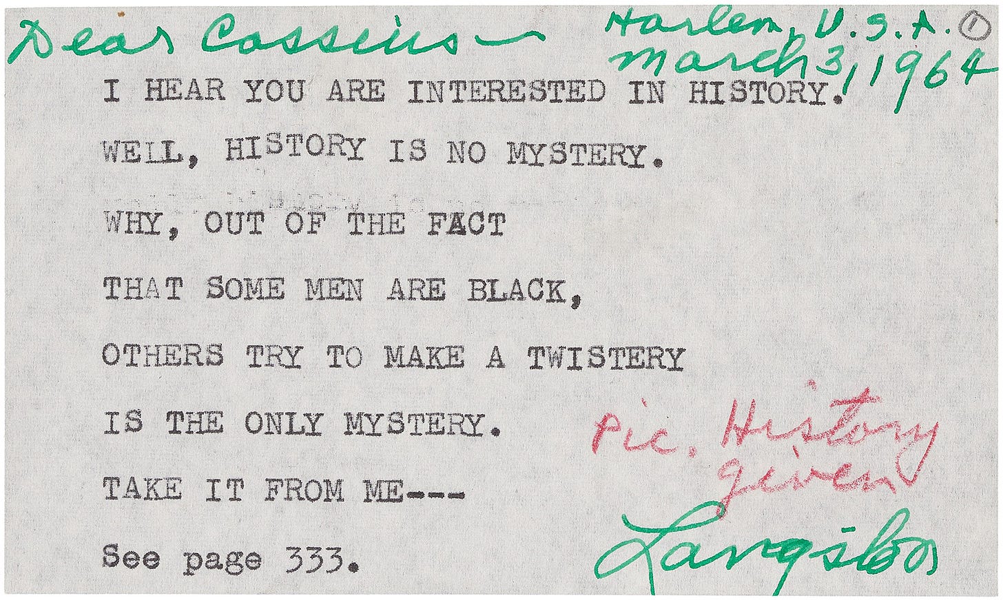 Langston Hughes, Dear Cassius [Ali, Muhammad], 1964 [Langston Hughes papers, JWJ MSS 26, Series I: Personal Correspondence, ca. 1910-1967, Box 5, folder 95, Yale University Library, Beinecke Rare Book and Manuscript Library, New Haven, CT]