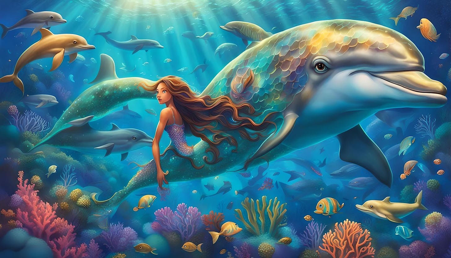 A vibrant water siren with shimmering scales and bioluminescent hair, cradling a playful dolphin as they explore an unde...