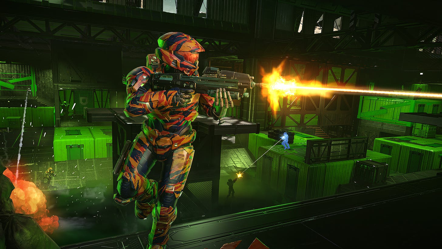 A promo image from 343 Industries showing a Spartan traversing a Mountain Dew-green battlefield.