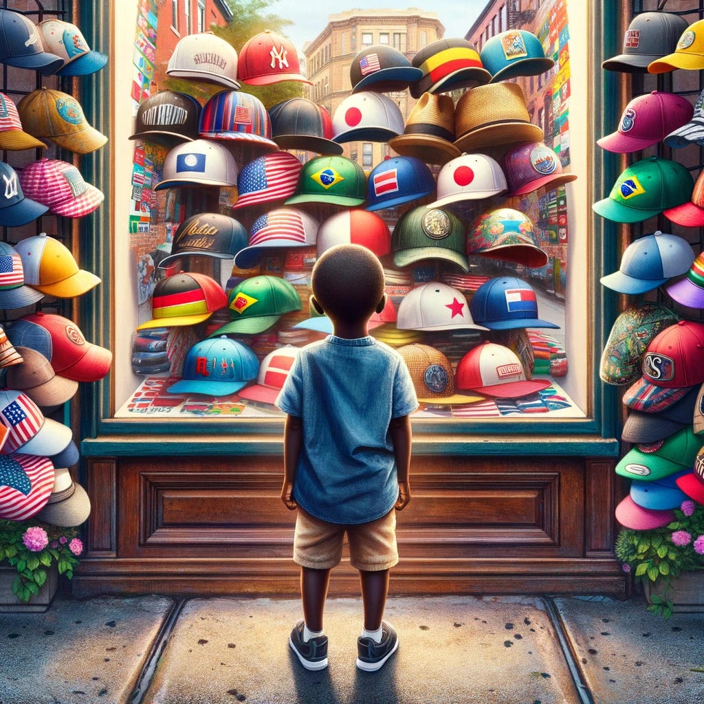 A vivid and engaging image of a young Black kid standing outside a hat shop, looking through the window at a vast array of hats featuring flags from various countries. The kid's expression mixes wonder and indecision, intrigued by the hats but unsure which to pick. The hats include baseball caps, sun hats, and beanies, each adorned with a different country's flag, like the United States, Japan, Brazil, and Kenya. The shop's exterior is quaint and inviting, with a traditional wooden façade and a large, clear window showcasing the hats. The background features a bustling city street, adding to the lively urban atmosphere. This scene captures the child's innocent curiosity and the excitement of choosing from a world of options.