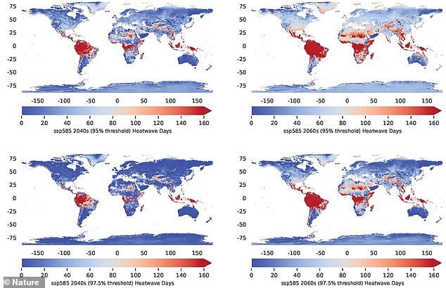 Pictured, heatwave days in the 2040s (left) and 2060s (right) under the worst case climate scenario, where greenhouse gas emissions aren't kept under control. The number of heatwave days in each cell was calculated from the ten-year average