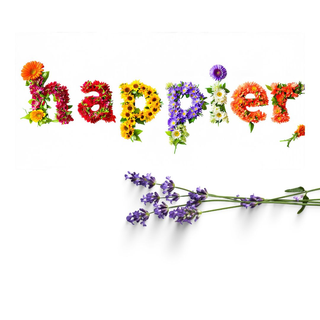 the word happier on a white background made of a variety of flowers