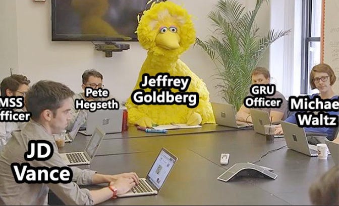 Ordinary humans sitting around a conference table with Big Bird from Sesame Street, who is labeled "Jeffrey Goldberg"