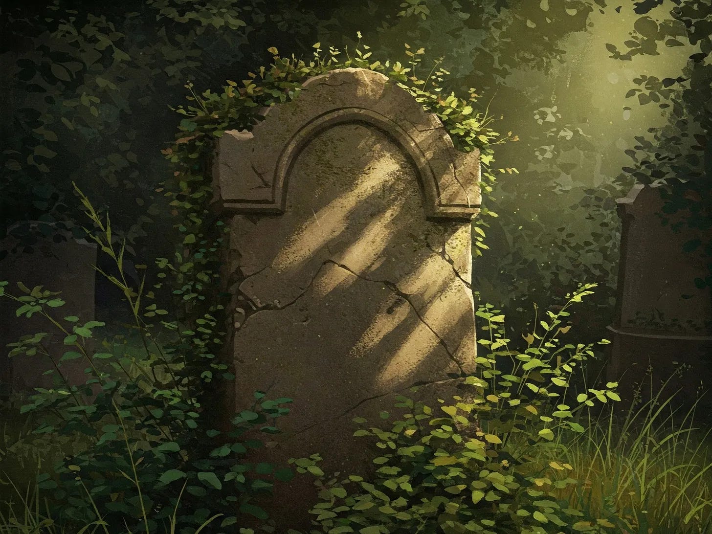 A gravestone overtaken by growth. Generated with Google Gemini.