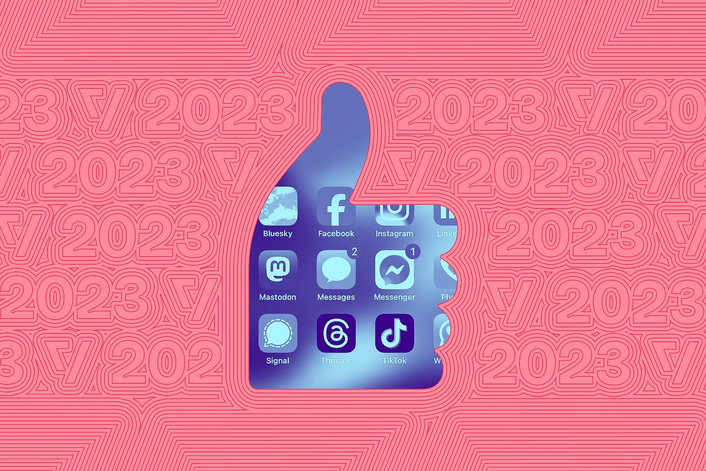 Vector collage of a like button containing a screenshot of a variety of social apps.