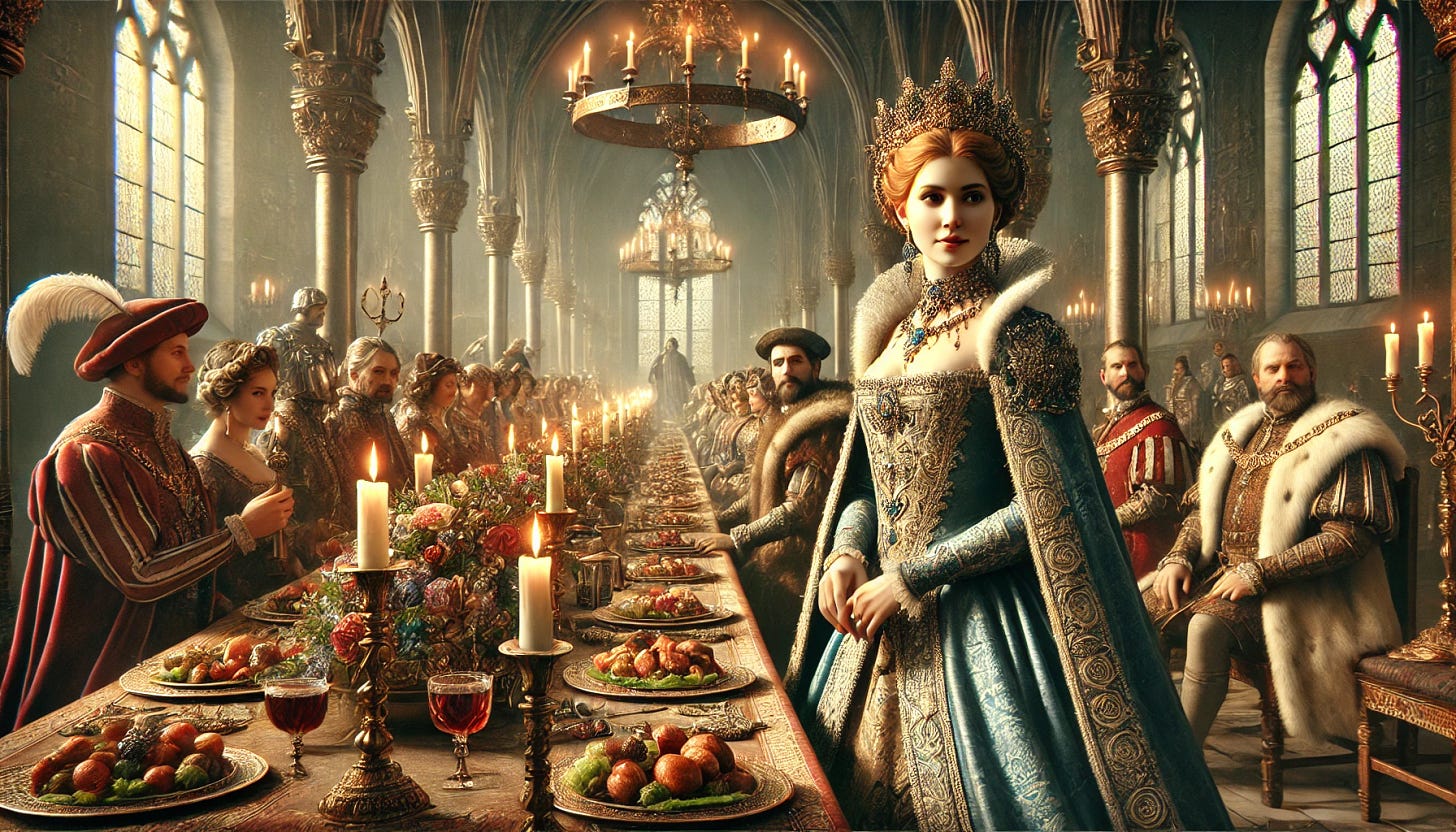 A grand medieval court scene inside an ornate, candle-lit hall. The Queen, with an imperious and commanding presence, stands before a long, lavishly decorated feast table. She wears a regal gown adorned with jewels, her expression shifting between a smile and a frown, indicating her changing mood. Around the table, brave lords and fashionable ladies in splendid medieval attire whisper among themselves. The centerpiece is a feast with extravagant dishes. In the background, a nervous jester watches the Queen, unsure of her reaction. The mood is a mix of celebration and tension.