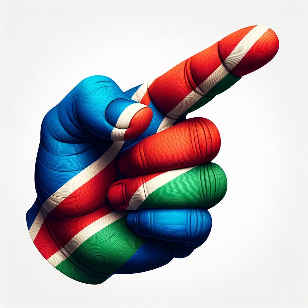 An image of a large, expressive finger painted in the colors of the Namibian flag: blue, red, green, white, and gold. The finger should be in a dynamic pointing gesture, symbolizing direction or emphasis. The design should be bold and visually striking, with the Namibian colors vividly and creatively represented on the finger. The background should be simple and minimalistic to highlight the finger and the vibrant colors. The overall composition should convey a sense of strength, direction, and national pride.