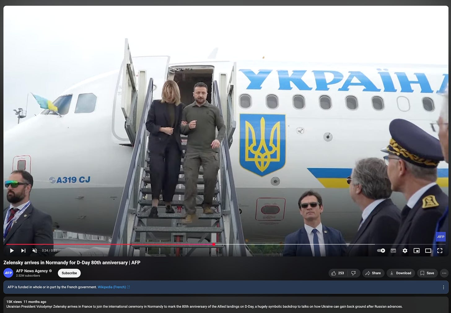 One of the fake news report's clips comes from Zelenskiy's genuine arrival in France in June 2024. (YouTube/AAP) One of the fake news report's clips comes from Zelenskiy's genuine arrival in France in June 2024. (YouTube/AAP)