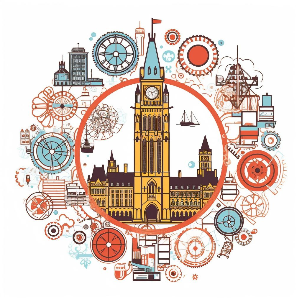 A drawing of the Canadian parliament building surrounded by disconnected gears and cog motifs, representing a fragmented innovation ecosystem 