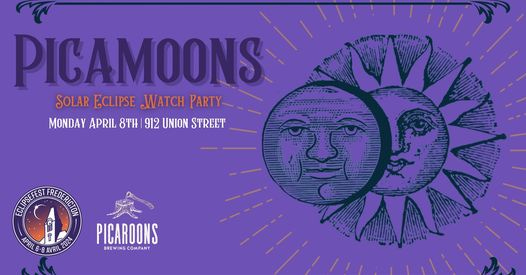 May be a graphic of text that says 'PICAMOONS SOLAR ECLIPSE WATCH PARTY MONDAY APRIL 8TH 912 UNION STREET ↑ 2024 6-8 AVRIL ÛRSESS CRAREST PICAROONS R ING COMPANY'