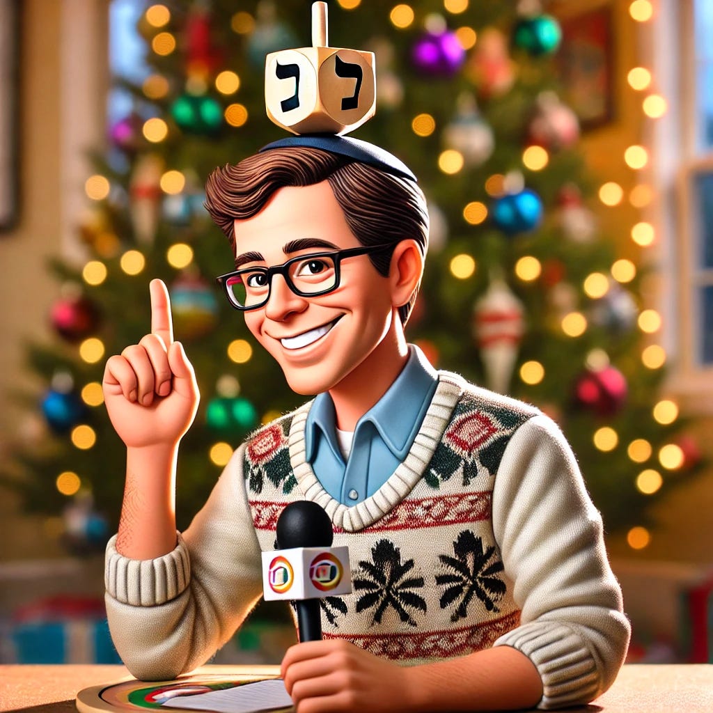 A whimsical illustration of a male journalist resembling Mark Oppenheimer, with short brown hair and glasses, wearing a casual sweater. He is depicted with a spinning dreidel balanced on his head, smiling in a playful and humorous way. The background features a festive Christmas tree decorated with colorful ornaments and lights, adding a cozy holiday ambiance. The scene is cheerful and lighthearted, blending cultural elements in a fun and imaginative way.