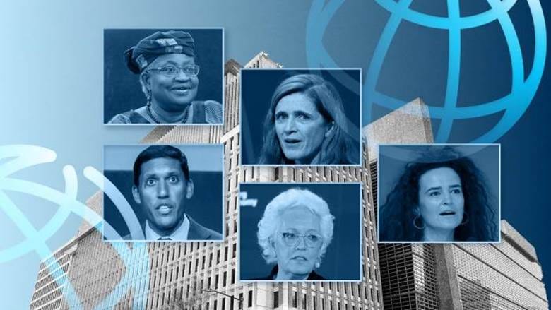 World Bank logo with images of Mafalda Duarte, Gayle Smith, Samantha Power, Raj Shah and Ngozi Okonjo-Iweala