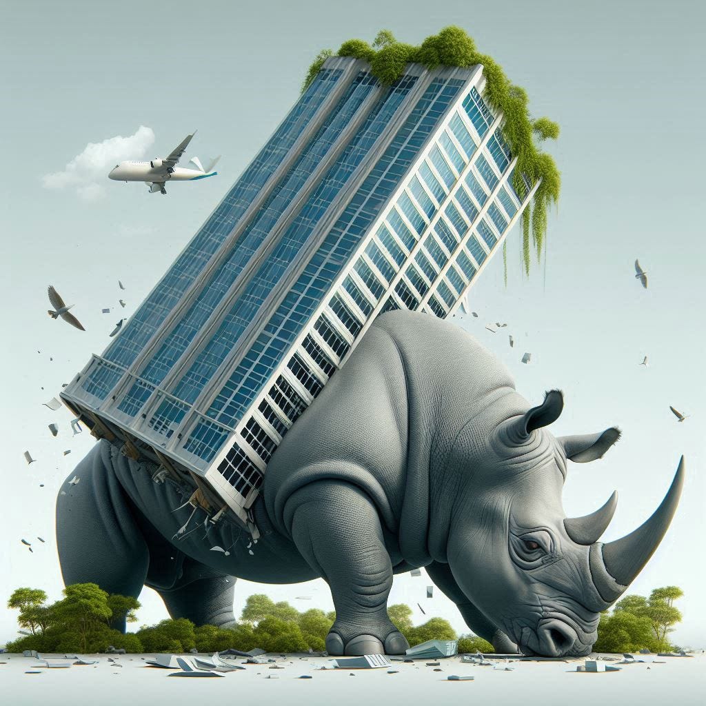 A rhinoceros trying to hold up a large office building on its back