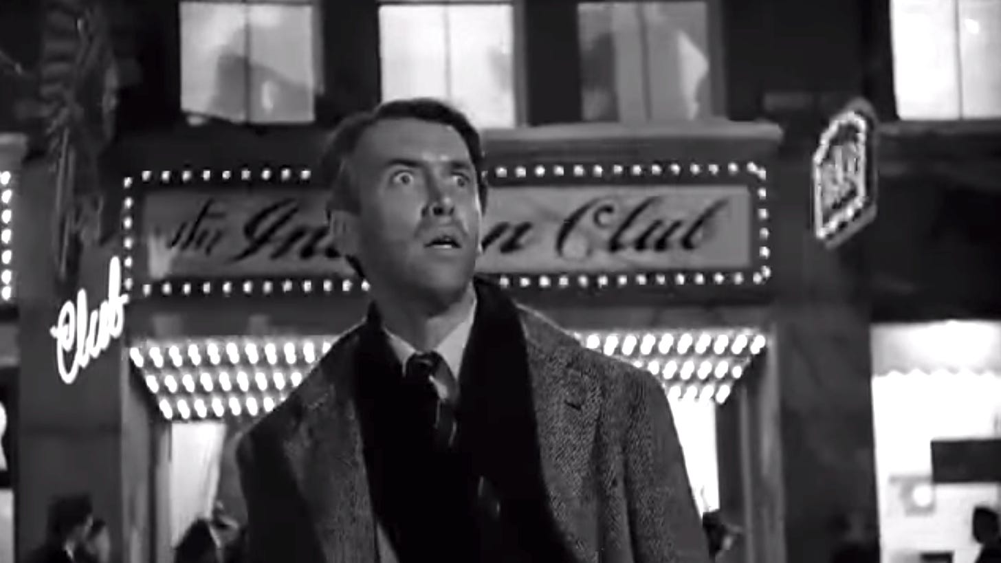 George Bailey wide-eyed in Pottersville
