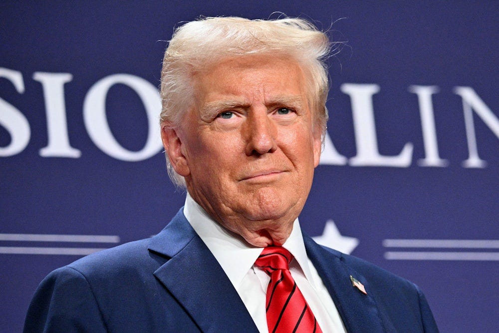 The face of Donald Trump is photographed in close-up in front of a blue background