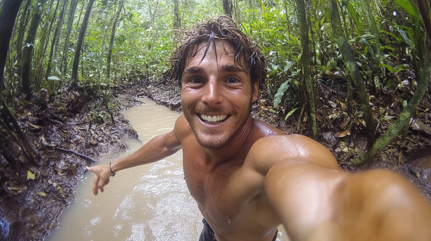 A man getting ready to take a dip into the muddy river the jungle.