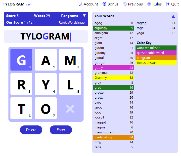 The same Tylogram gameboard but with the letters in the grid rearranged, which has improved the score from 372 to 611.