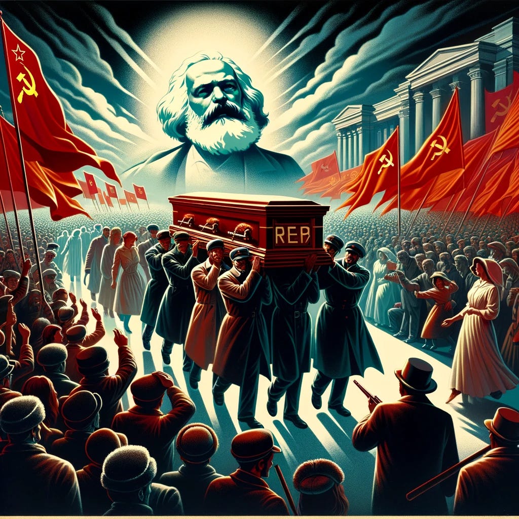 A revised image in the style of Soviet propaganda posters, featuring a cortege of people carrying an open casket with a ghostly figure resembling Karl Marx. This version omits Soviet flags and any hammer and sickle imagery to convey the idea that ideology, itself, is dead. The scene maintains a sense of reverence and historical significance, with bold colors and dramatic lighting typical of propaganda art. The people are depicted in a heroic and solemn manner, with the ghostly figure of Marx central to the composition, symbolizing the end of an ideological era.