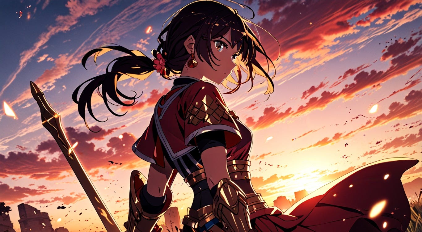 ilustración estilo manga de una guerrera en posición de guarda de frente al ocaso
