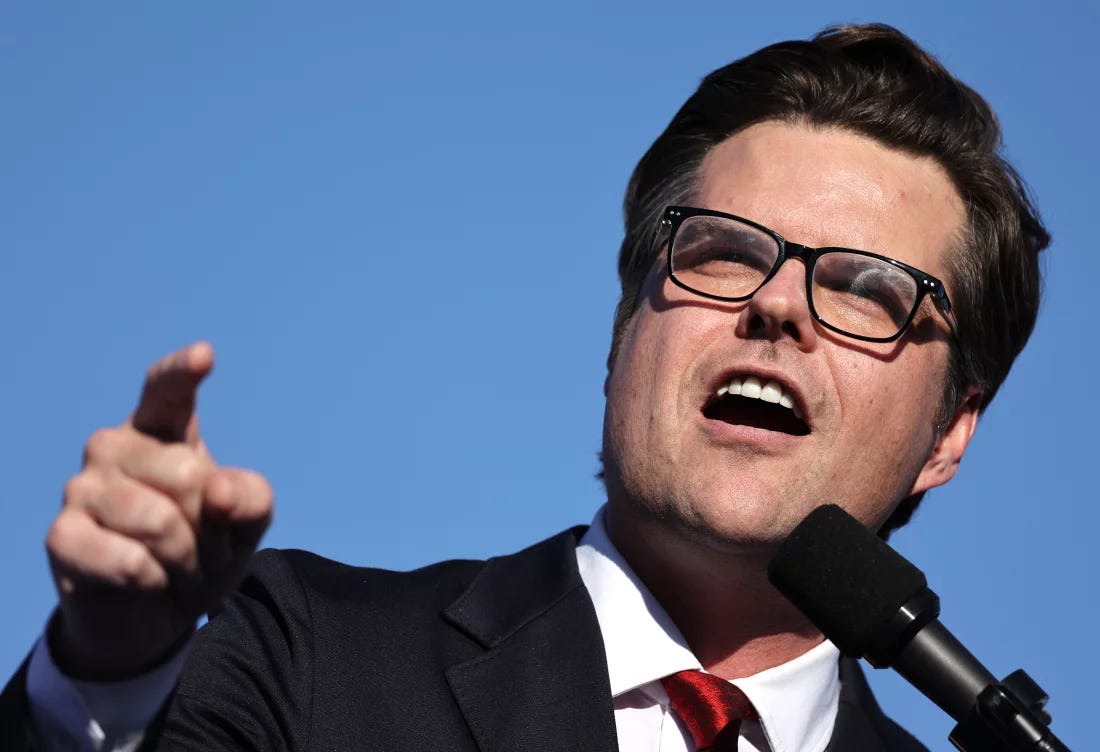 Matt Gaetz wearing glasses, probably trying to She's All That himself before promo or something.