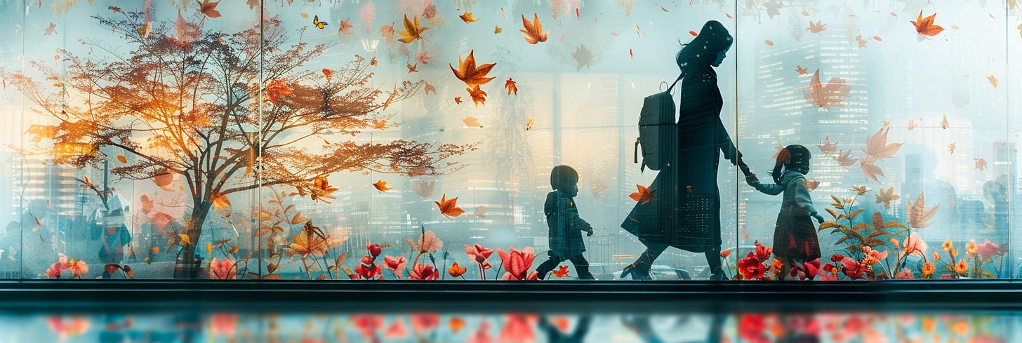 A conceptual photo collage overlays the silhouettes of a woman holding a child's hand with an ethereal landscape of autumn leaves and delicate flowers. The tree branches and vibrant foliage create a magical atmosphere around the figures, while a city skyline gleams in the misty background. This layered composition combines nature's beauty with urban life, blending reality and imagination to convey a poignant narrative about connection and exploration.