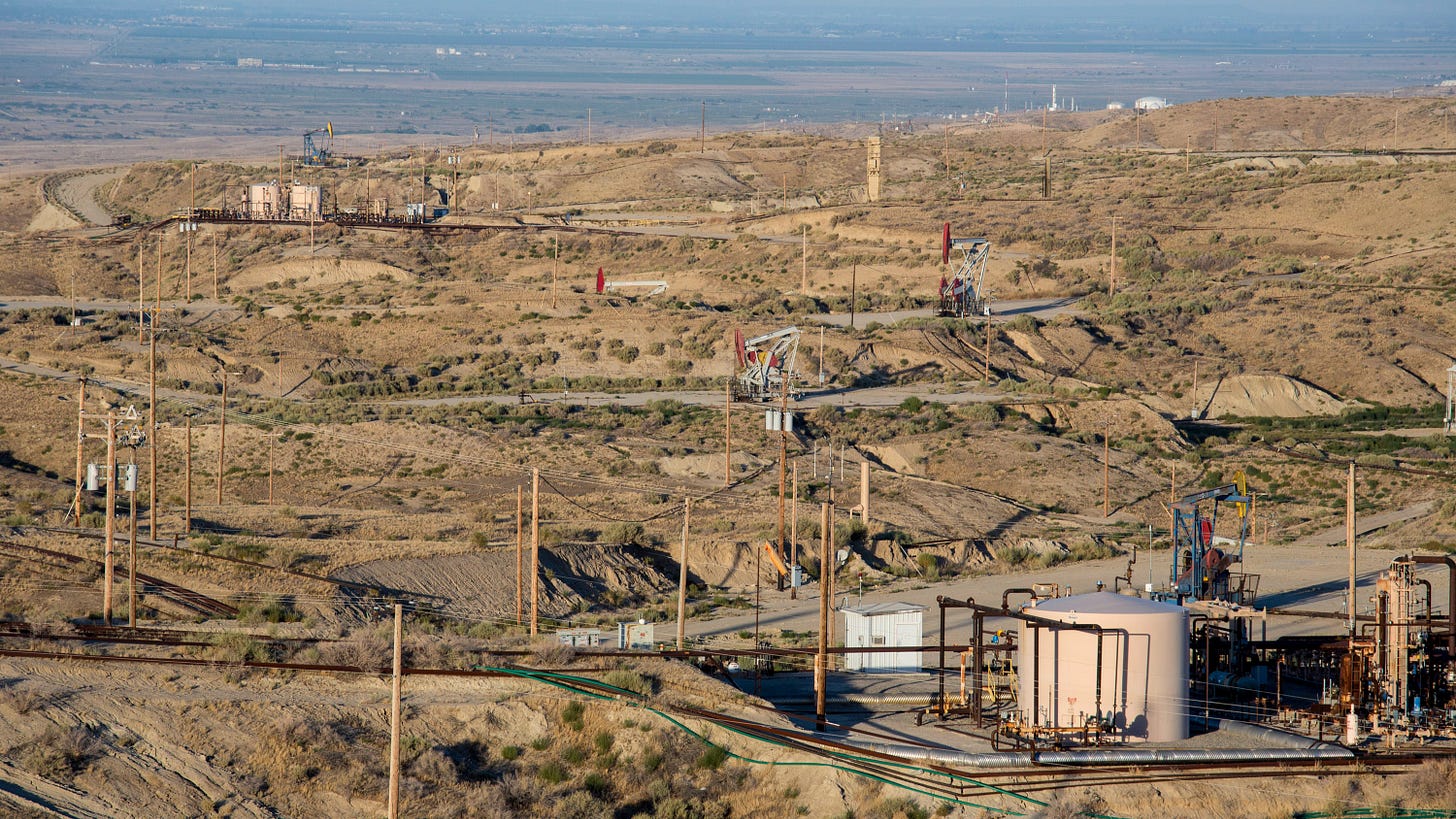 Oil wells in the Elk Hills oil field, formerly the Naval Petroleum Reserve No. 1.