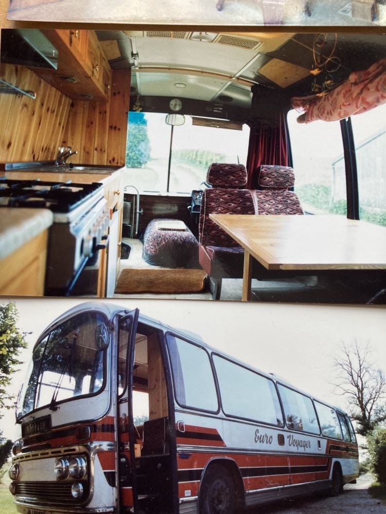 A photo of two photos. On top is an interior shot of a 52-seater bus that's been converted to a home. It has a full size cooker and table and chairs. The seats are the original bus seats. The bottom picture is the red and white Euro Voyager viewed from ourside, 