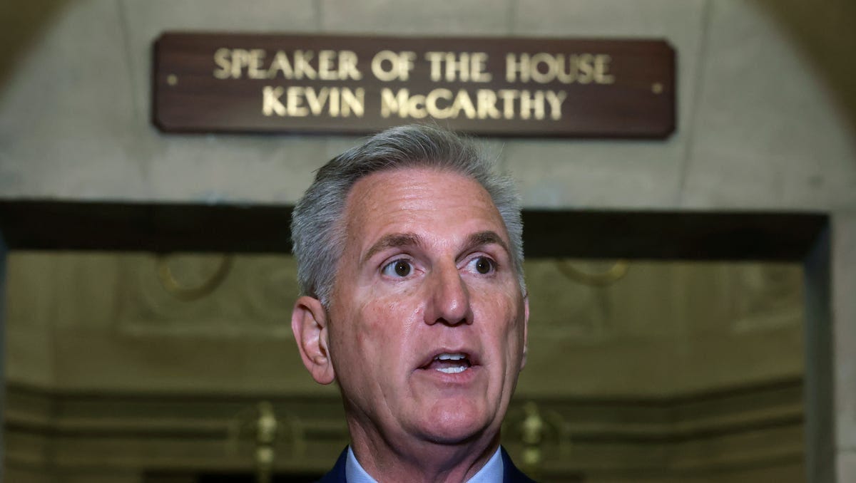 Speaker of the House Kevin McCarthy, R-Calif., announces an impeachment inquiry against U.S. President Joe Biden to members of the news media outside his office at the U.S. Capitol on September 12, 2023 in Washington, DC.