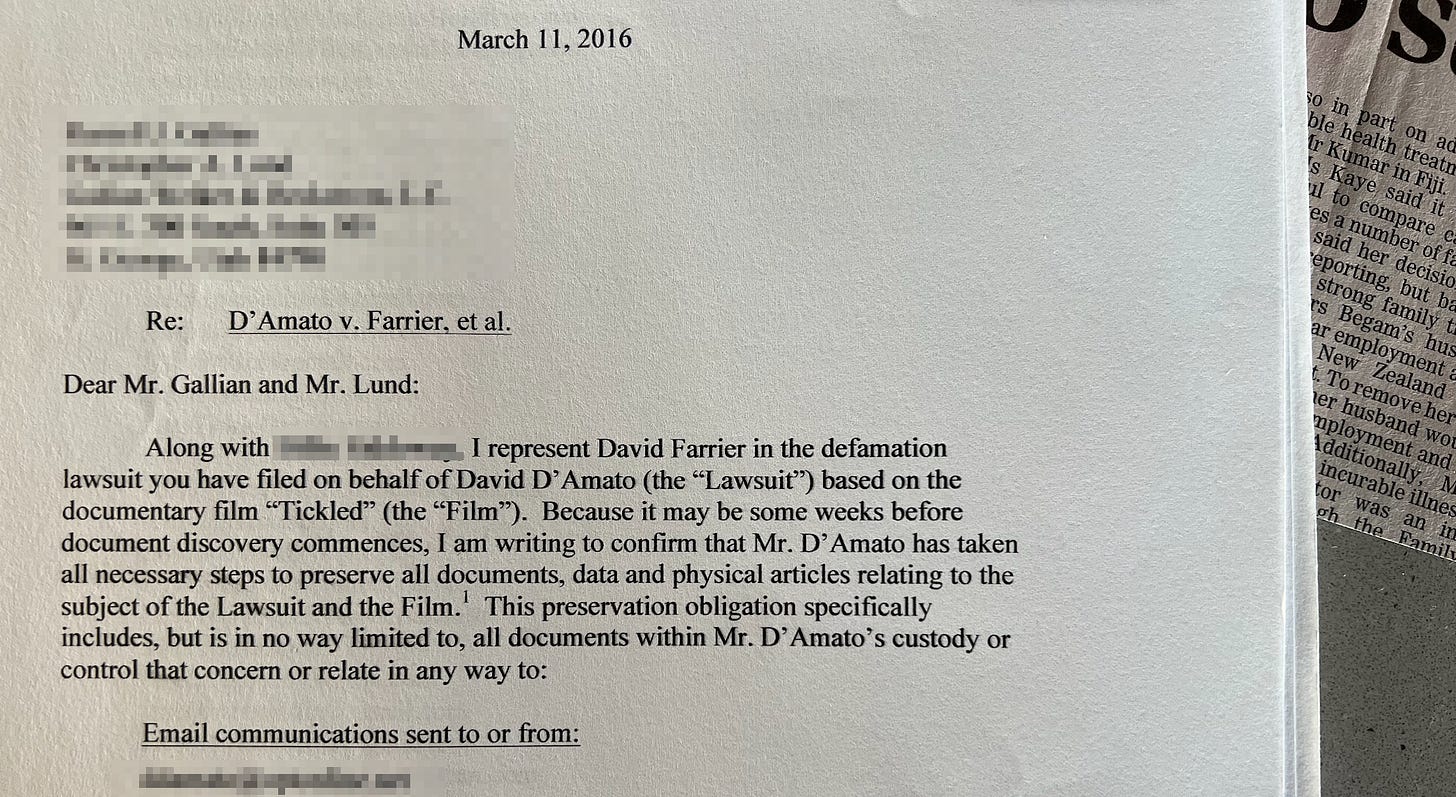A legal letter sent to D'Amato's defence team