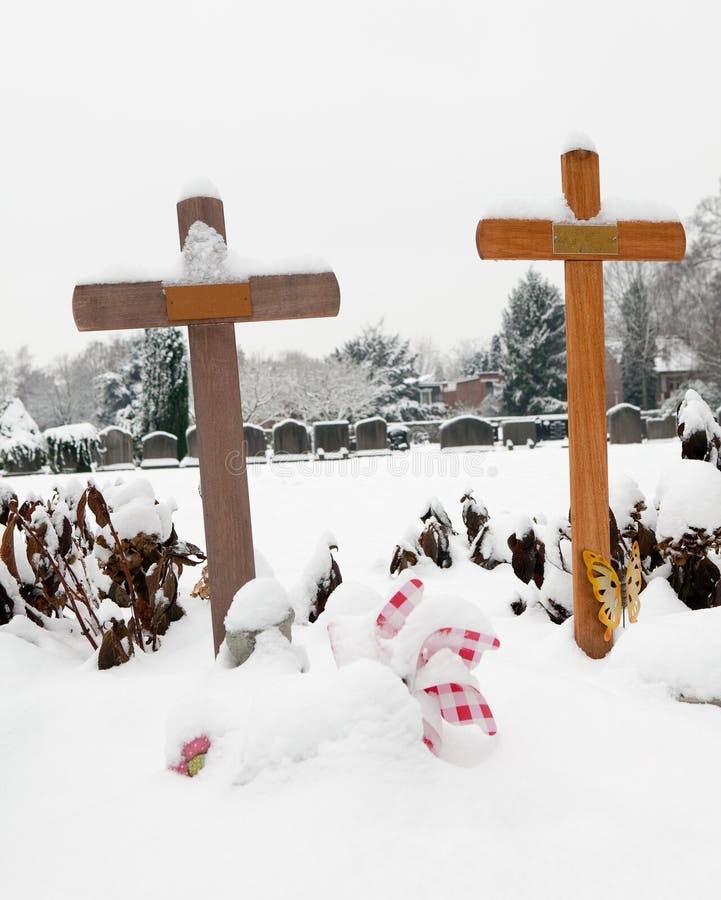 Child Grave In The Cemetery. Flowers, Angels, Toys, Teddy Bear Concept: Death, Loss Stock Image ...