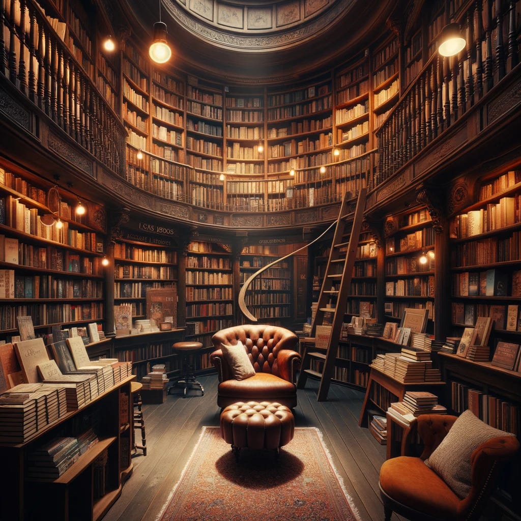 A cozy and inviting image of a traditional bookshop, filled to the brim with shelves of books. The shelves are made of dark, polished wood, and they curve around the room, creating a warm, enveloping atmosphere. Soft, warm lighting illuminates the space, casting gentle shadows and highlighting the textures of the book covers. In the center of the shop, a comfortable reading nook is set up with plush chairs and a small coffee table, inviting visitors to sit down and lose themselves in a good book. The air is filled with the scent of old paper and coffee, enhancing the sensory experience. Throughout the shop, there are ladders on rails, allowing access to the higher shelves, and signs indicating various genres - from classics to contemporary, fantasy to non-fiction.