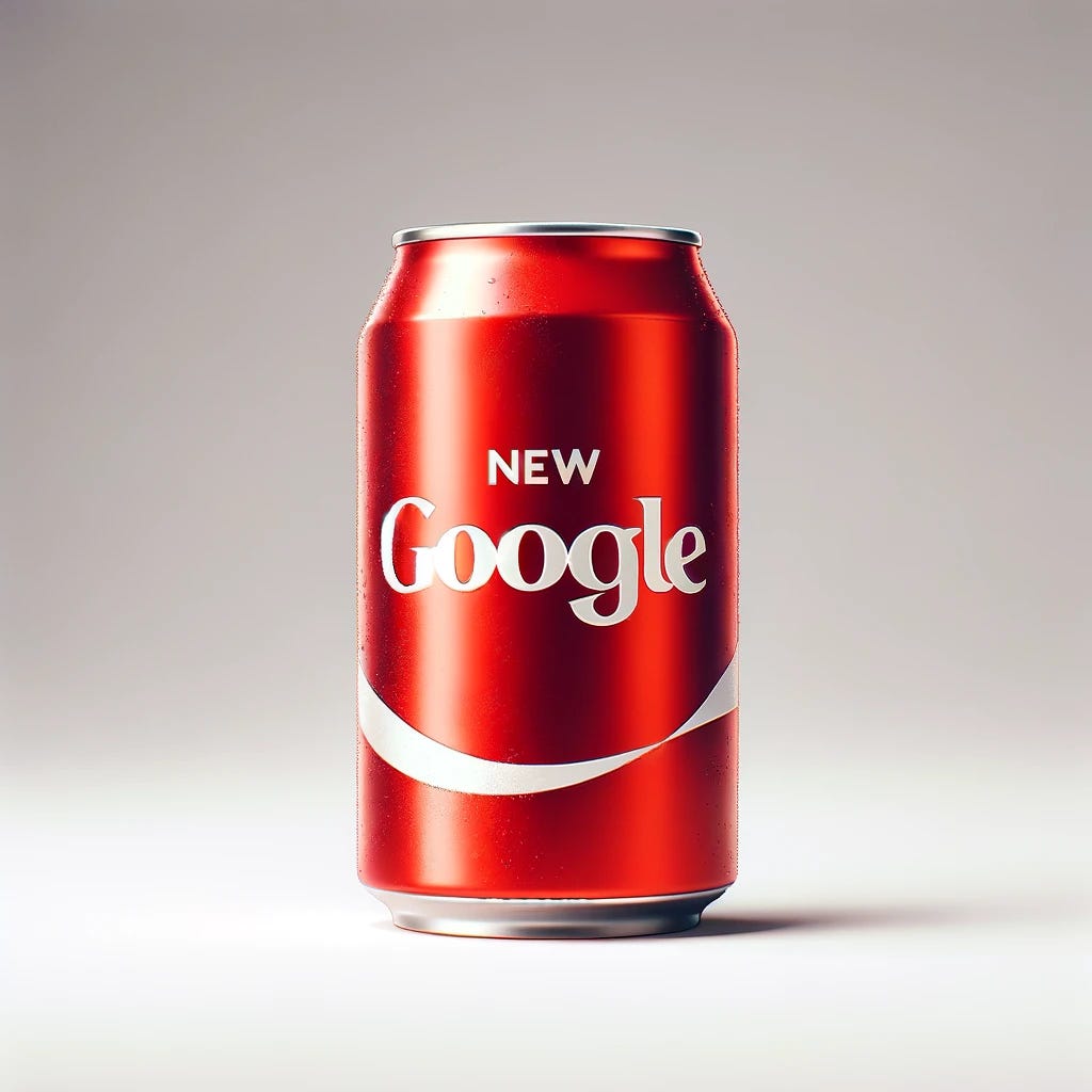 A landscape mode image of a Coke can, with the words 'New Google' replacing the traditional Coca-Cola logo. The can is sleek and metallic red, set against a simple, clean white background. The words 'New Google' are written in the classic Coca-Cola font, curving around the can just like the original logo.
