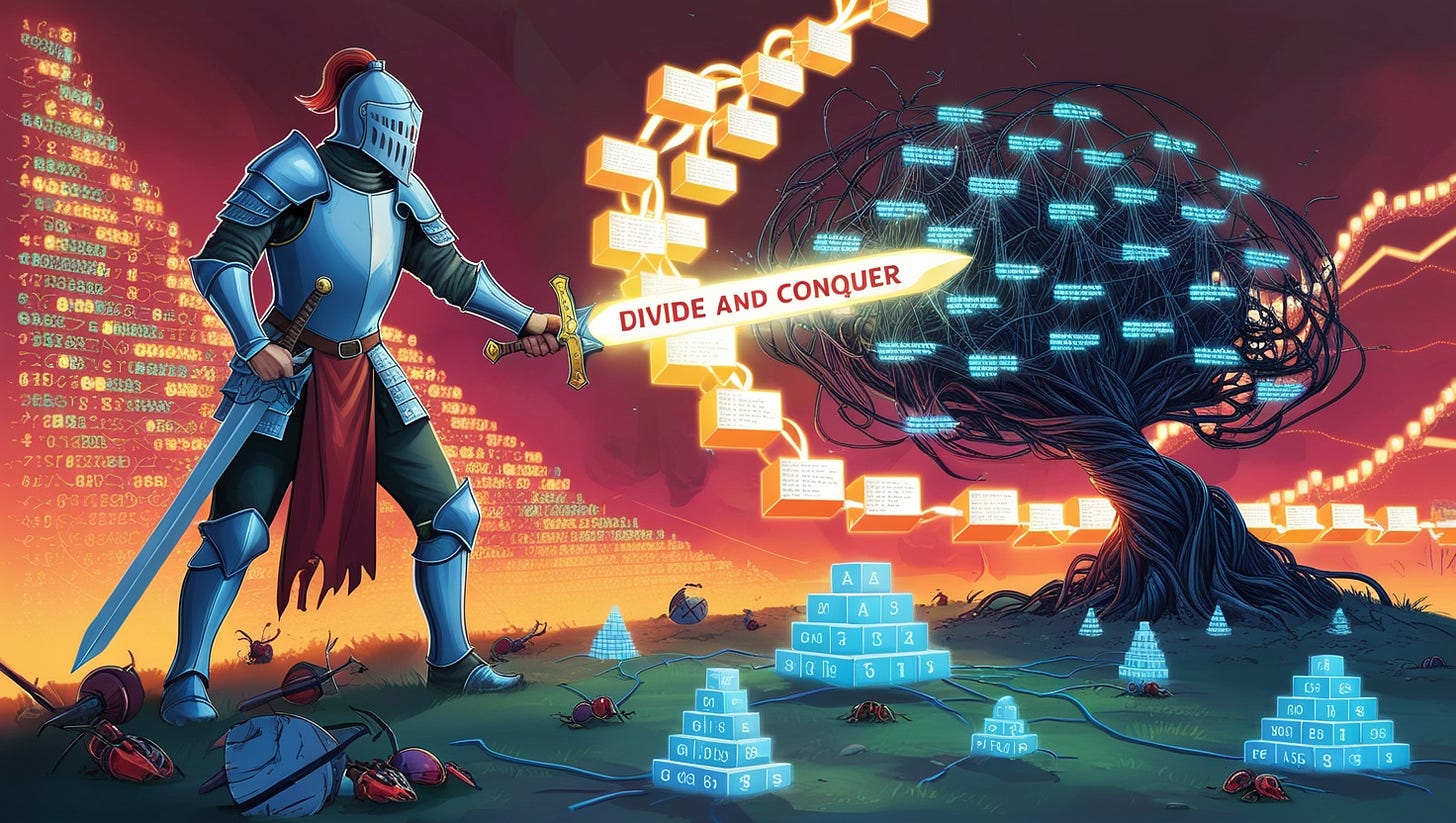 An illustration of a futuristic data warrior in medieval armor, standing on a battlefield filled with abstract data structures like arrays and binary trees. The warrior is holding a glowing sword labeled 'Divide and Conquer,' splitting a giant problem (represented as a complex, tangled web of code) into smaller, glowing pieces. Behind the warrior, a sorted sequence of elements flows seamlessly in the background, and scattered along the ground are defeated coding bugs and challenges. The scene should blend medieval and modern tech aesthetics, with bright colors and dynamic energy