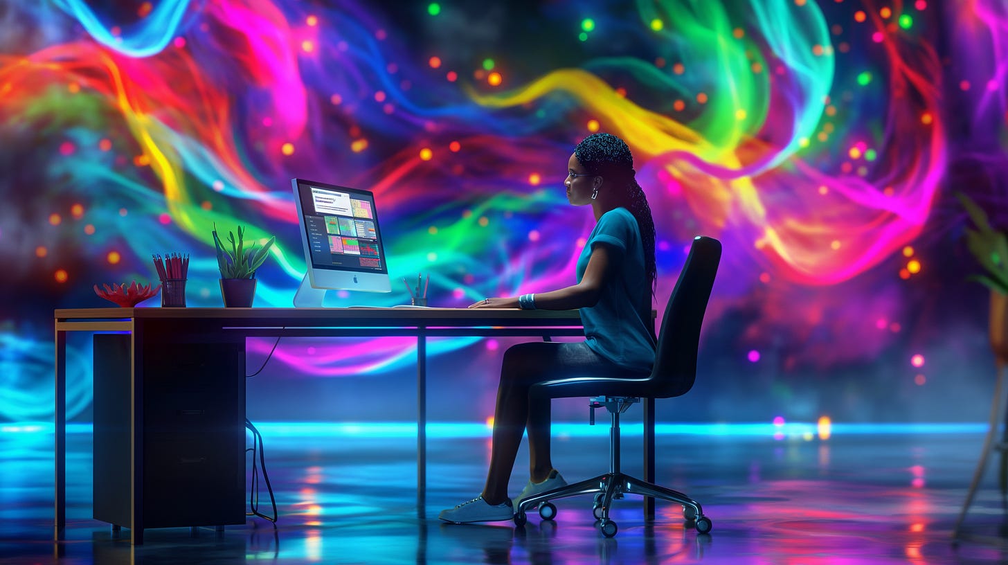 A person sitting at a desk with a computer, featuring a colorful and bright backdrop, set in an office environment
