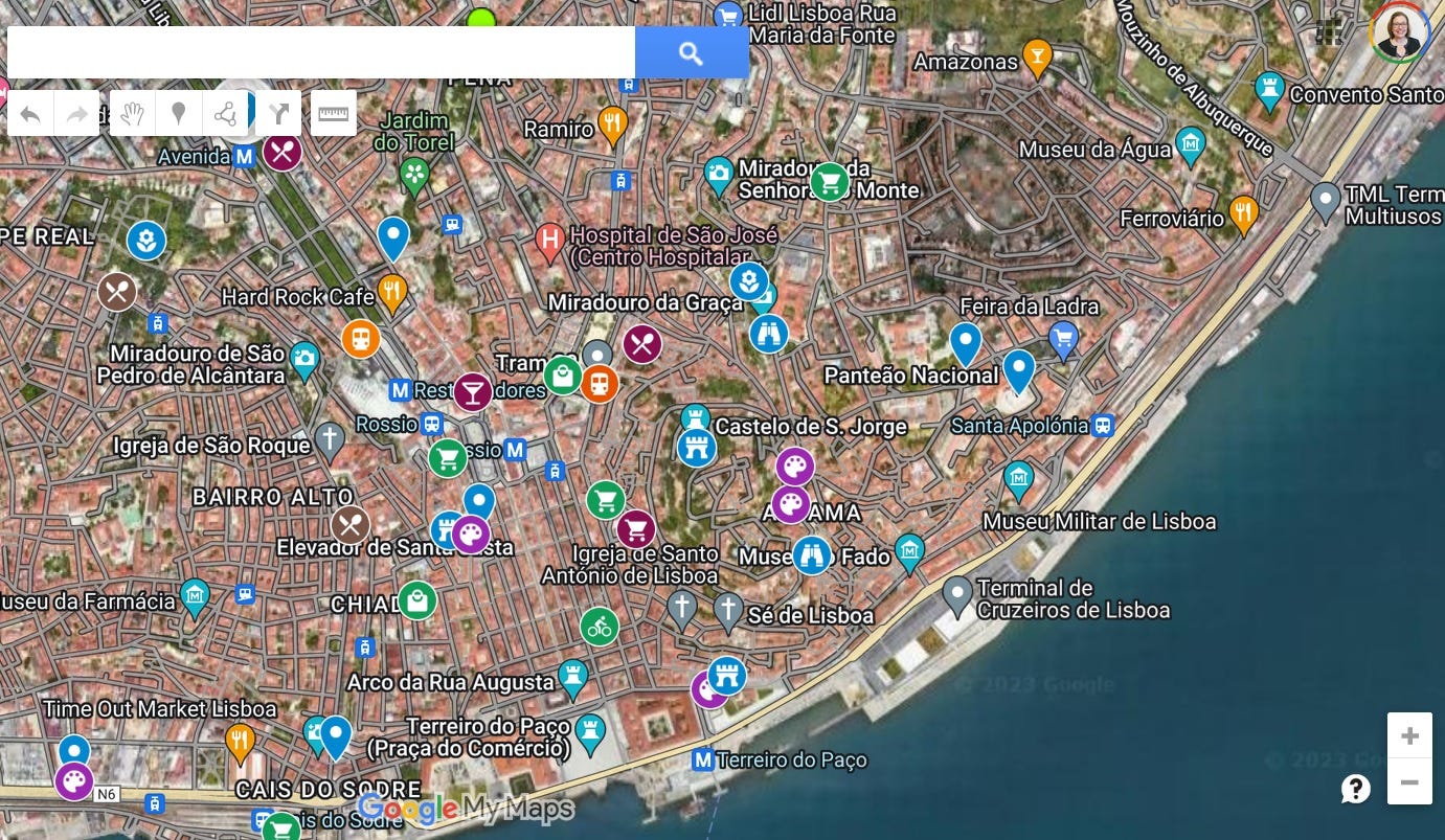 a screenshot of Lisbon on Google Maps, complete with coded icons marking various points of interest