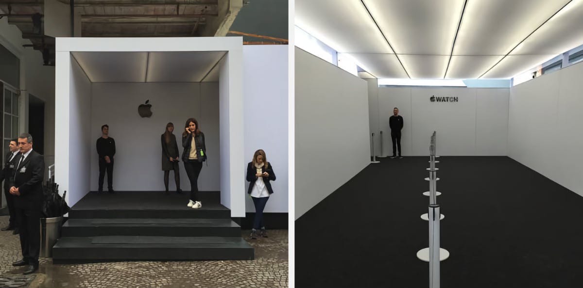 The entrance to Apple Watch at Salone del Mobile. The temporary structure has white walls and a black floor.