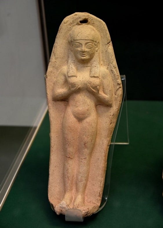 The Goddess Astarte seems to be an amalgamation of Mesopotamian and Egyptian influences on the Minoan idea of the goddess of love.
(Source: World History Encyclopedia 2017)

