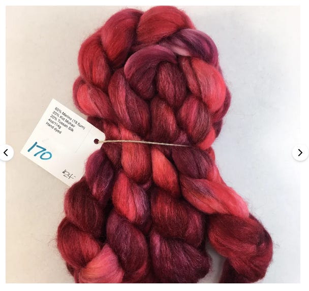 Merino wool kid mohair and tussah silk blended together and dyed a variety of red colours